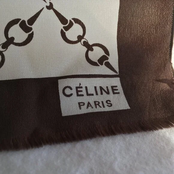 Vintage Celine of Paris Silk Long Scarf - Brown and Off-White/Cream - Picture 2 of 5